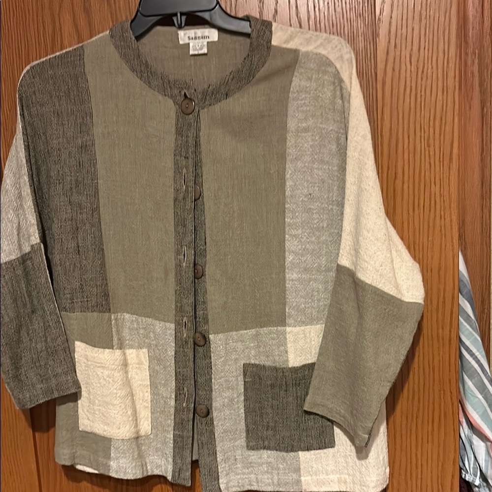 Green and Cream Blazer with Patchwork Design and Relaxed Fit